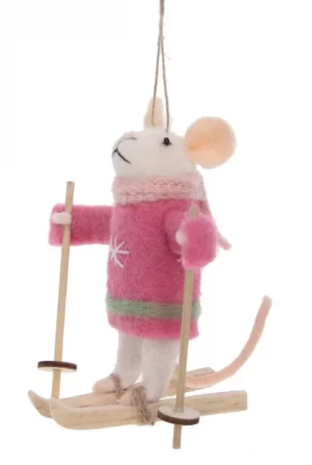 Dekoration Maus mit Ski rosa Mantel